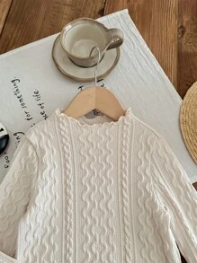 SHEIN LMoss Kids Áo len cổ tròn dài tay LMoss Casual Versatile dành cho bé gái, họa tiết kết cấu tinh tế - trắng - Xem 8
