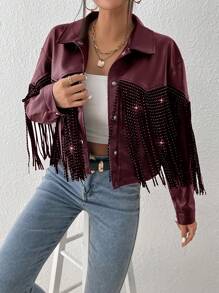 SHEIN BAE Solid Color Fringe Decor Front Button Casual Versatile Long Sleeve Jacket