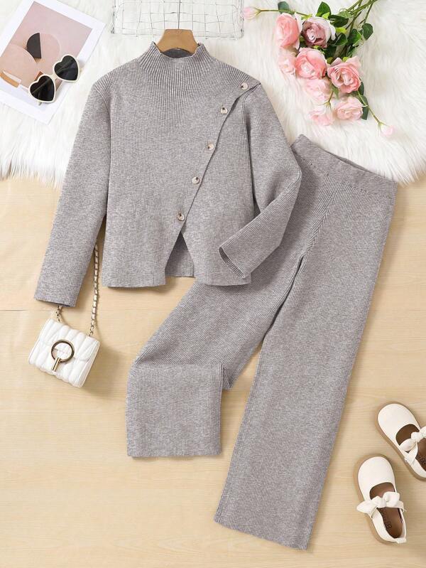 Tween-Mädchen Neues warmes 2-teiliges Set für Herbst/Winter, lässiger Rollkragenpullover mit geschlitztem Saum und ausgestellter Strickhose, warmes Outfit für zu Hause, auf Reisen oder für legere Anlässe.