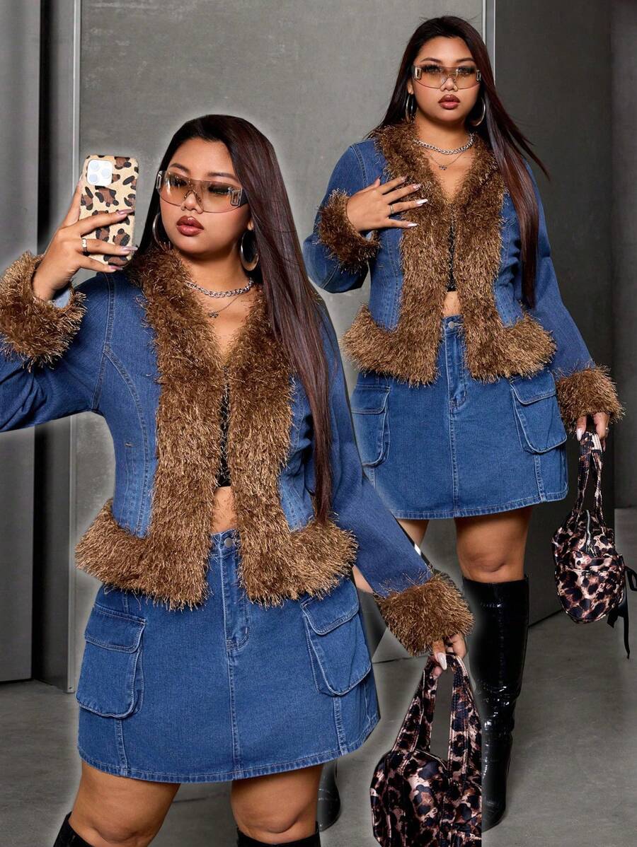 SHEIN ICON Plus Size Denim Jacket, Street Style Sexy Long Sleeve Patchwork Fringe Detail, Blue - Medium Wash - View 1