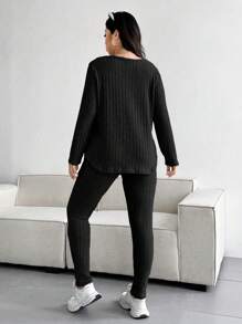 POPSWAY Plus Size Casual Solid Color Textured V-Neck Top And Pants Set Fall Cloth For Women - Black - View 2