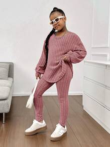 SHEIN Tween 女童休闲针织蓬松罗纹圆领宽松落肩不对称下摆上衣和修身打底裤 2 件套 - 藕粉色 - 查看 1