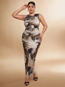 SHEIN BAE 1 Set Plus Size Women Elegant Sleeveless Printed Tank Top And Printed Long Skirt Two-Piece Set, Minimalist Design, Tight Fit, Suitable For Christmas, Fall Season Valentine's Day For Summer