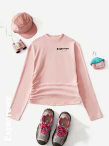 SHEIN Teen Girls' Round Neck Long Sleeve Letter Print Casual T-Shirt - Pink - View 3