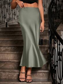 Allurite 女士纯色美人鱼款半身裙，缎面面料，优雅中长裙，适合女士派对、日常穿着、春夏穿着 - 綠色 - 查看 5