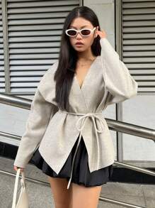 INAWLY 女士纯色落肩长袖宽松休闲常规夹克，秋冬 - 杏色 - 查看 4