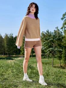 Skyraze Casual Khaki Color Block Drawstring Waist Knit Shorts - Khaki - View 5