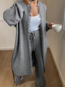 DAZY Conjunto de bata y pantalones holgados de diseño de flecos de punto multicolor para el hogar, ropa de otoño/invierno, pijama, atuendo acogedor - Gris - Ver 4