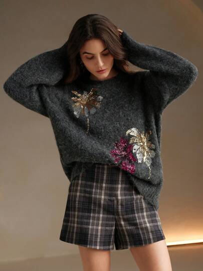 Anewsta Premium Sequins Embroidered Palm Tree Pullover Sweater Knit Pullover Fall Winter