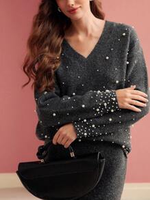 MOTF PREMIUM FAUX PEARL BEADED V NECK SWEATER - Grey - View 3