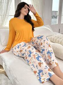Solid Color Long Sleeve Shirt And Butterfly Print Long Pants Pajama Set
