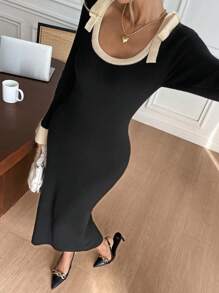 SHEIN Frenchy Women' Color Block Trim Knot Bowknot Detailed Elegant Black Long Sleeve Sweater Dress,Elegant Women Dresses,French Clashing Bowknot Black Square Neck Long Sleeve Sweater Dresses,Fall Women Dresses