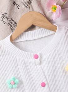 SHEIN 2pcs Tween Girl Set, Knit Cardigan, White Long Sleeve Top With Handmade Flower Decor & Pink Pleated Skirt, Cute Everyday Casual Outfit, Spring/Autumn