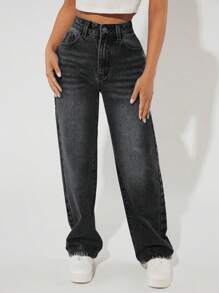 SHEIN PETITE Casual Washed High Waist Straight Leg Jeans - Black - View 3