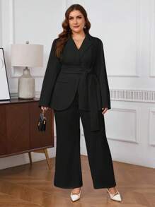 SHEIN Privé Áo khoác cardigan dài tay cổ chữ V sâu không đối xứng cỡ lớn cho nữ, buộc eo, trang phục thường ngày làm việc màu trắng, mùa thu/đông - màu đen - Xem 5