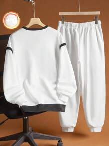 SHEIN 青少年男孩 2 件套休闲运动街头舒适百搭保暖超高性价比文字标语印花加色块拼接 2 合 1 设计针织圆领运动衫运动裤套装返校服装；秋季服装；青少年男孩服装；秋季夹克；秋季服装秋冬 - 黑與白 - 查看 2