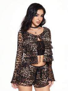 ROMWE Grunge Punk Ensemble de short court et de cardigan avec dentelle imprimé guépard Y2K. Hauts à manches longues avec nœud papillon pour femmes - Tabac - Voir 4