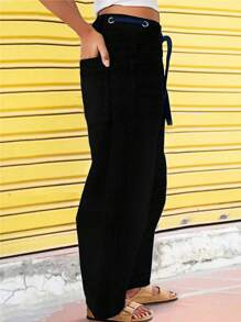 Solid Color Pocket Drawstring Women's Casual Straight Jeans - Black - View 4