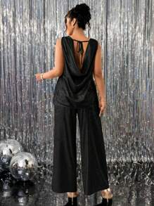 SHEIN Clasi Plus Size Women Hot Stamping Metallic Round Neck Flowy Blouse Maxi Pants 2 Pieces Set, Suitable For Party, Autumn/Winter - Black - View 6