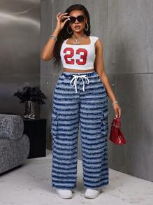 SHEIN SXY Plus Size Denim Jacquard Splice Frayed Elastic Waist Straight Pants - Dark Wash - View 6