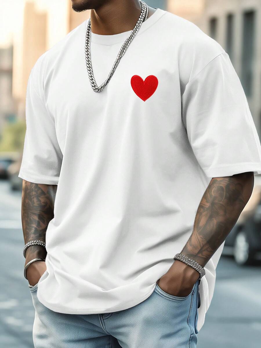 Manfinity Dauomo Hombres Camiseta con bordado de corazón - Blanco - Ver 1