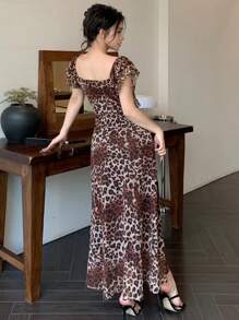 DAZY 100% Chiffon Leopard Print Ruffle Patchwork Women Short Sleeve Dress Summer Sundress Vacation Outfits Women - Brown - View 6