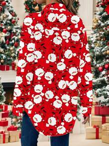 EMERY ROSE Women's Red Christmas Santa Claus Pattern Button Down Long Sleeve Shirt, Suitable For Autumn/Winter