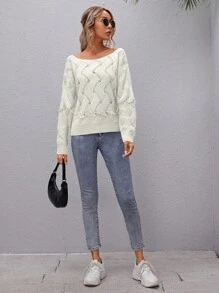 SHEIN LUNE Solid Color Boat Neck Casual Pullover Sweater Knit Pullover Fall Winter - White - View 3