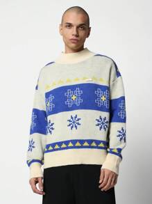 SUMWON Vintage Nordic Sweater Fair Isle Pattern Cozy Winter Oversized Knit Pullover Traditional Snowflake Design Holiday Season Chunky Funnel Neck Casual Festive Jumper - Apricot - View 1