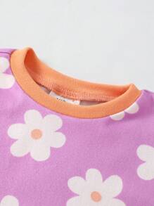SHEIN 2pcs Baby Girl Floral Pattern Contrast Color Round Neck Long Sleeve Top And Pants Soft Comfortable Skin-Friendly Fitted Pajama Set