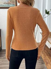 EMERY ROSE Women's Solid Color Long Sleeve Minimalist Casual Top, Everyday Wear - Rust Brown - View 2