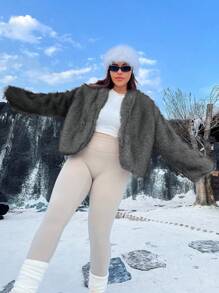 SHEIN EZwear 女士加大码纯色长袖前开宽松休闲蓬松外套冬季 - 灰色 - 查看 4