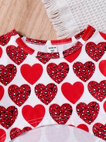 SHEIN 2 件套年轻女孩休闲可爱 T 恤和连体衣套装，时尚潮流春秋 - 紅色 - 查看 4