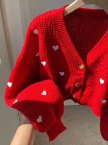 Comfortcana 女士正面纽扣长袖心形细节休闲上衣，日常穿着 - 紅色 - 查看 6