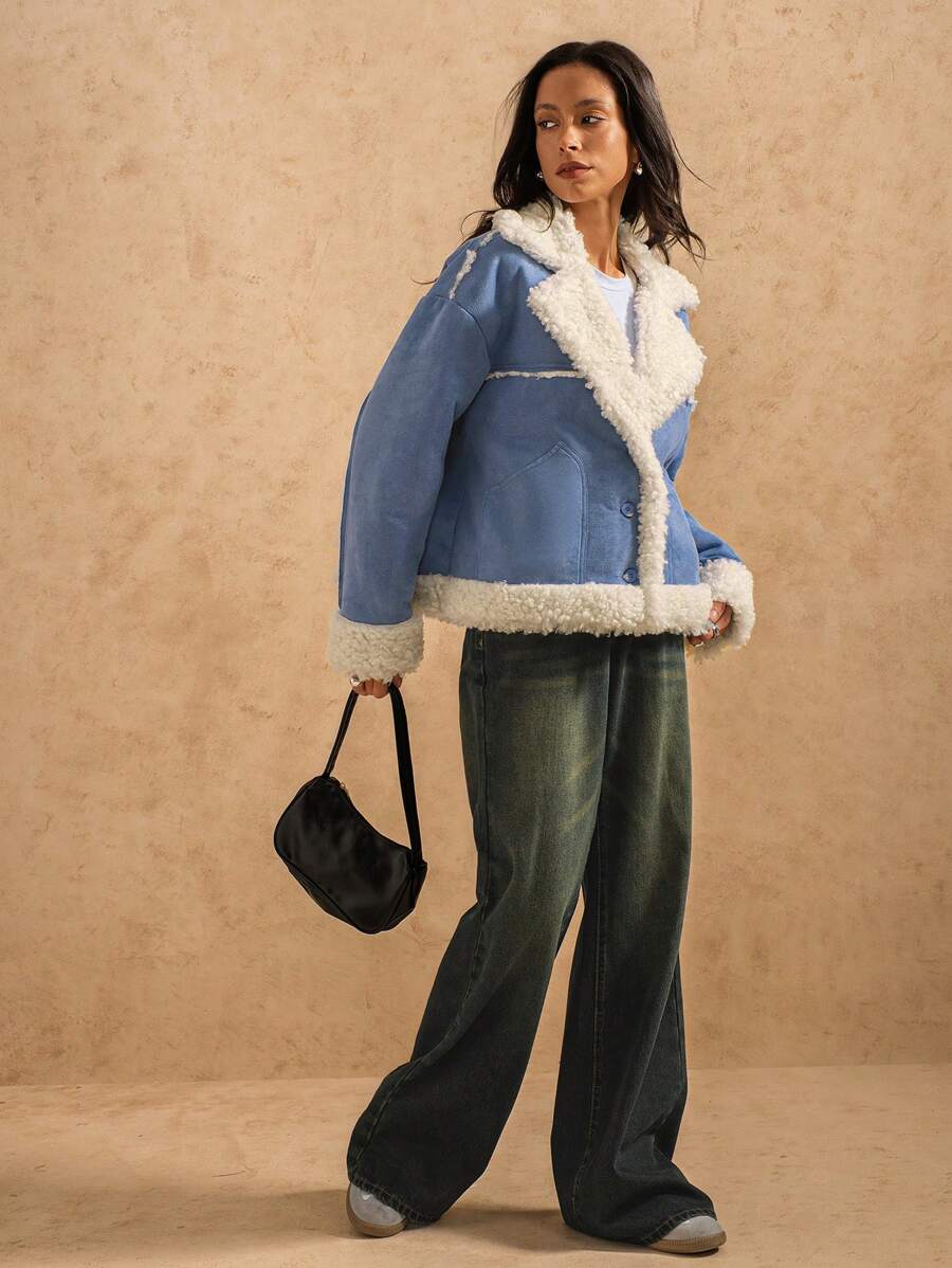 Forever 21 Women Fluffy Splicing Pocket Front Button Long Sleeve Casual Jacket - Blue - View 1