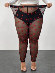 SHEIN CURVE+ Plus Size Women's See Through Heart-Shaped Pattern Tight Leggings, Sexy Valentine's Day Style, Suitable For Dating