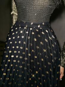 Poéselle 秋季闪耀优雅金箔圆点印花褶皱 A 字裙，派对 A 字裙，闪耀金色圆点褶皱裙，优雅，黑色裙子，FW24 - 銀色 - 查看 2