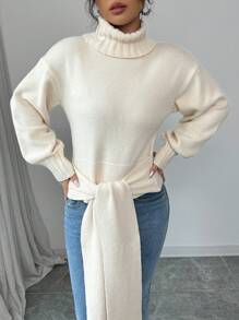 Elenzga Women's Solid Color High Neck Long Sleeve Bowknot Casual Pullover Sweater