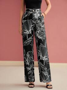 MOTF Women's Plant Print Pleated Pocket Wide Leg Loose Elegant Casual Pants - Black - View 6