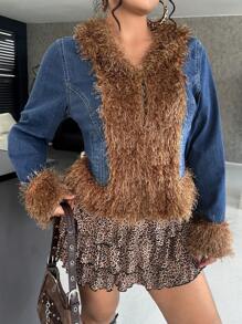 SHEIN ICON Plus Size Denim Jacket, Street Style Sexy Long Sleeve Patchwork Fringe Detail, Blue - Medium Wash - View 3