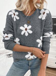 SHEIN LUNE Women's Casual Fluffy Floral Pattern Round Neck Drop Shoulder Long Sleeve Knitted Pullover Sweater, Autumn/Winter - Grey - View 3