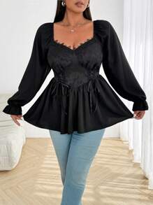 Flirla 大码女式甜心领荷叶边长袖系腰蝴蝶结装饰提花拼接休闲衬衫荷叶边上衣 - 黑色 - 查看 3