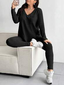 POPSWAY Plus Size Casual Solid Color Textured V-Neck Top And Pants Set Fall Cloth For Women - Black - View 6