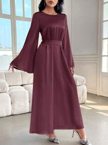 Al Najma 女士优雅纯色喇叭袖长裙，春/夏，朴素优雅的 A 字型阿拉伯连衣裙，适合晚会/婚宴/周年纪念/日常穿着