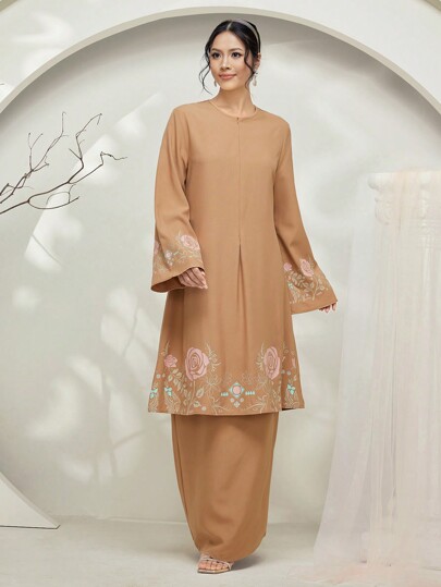 Veilorie Baju Kurung 2 Pieces Set: Crew Neck Long Sleeve Extra Long Top & Printed Mini Skirt Modest