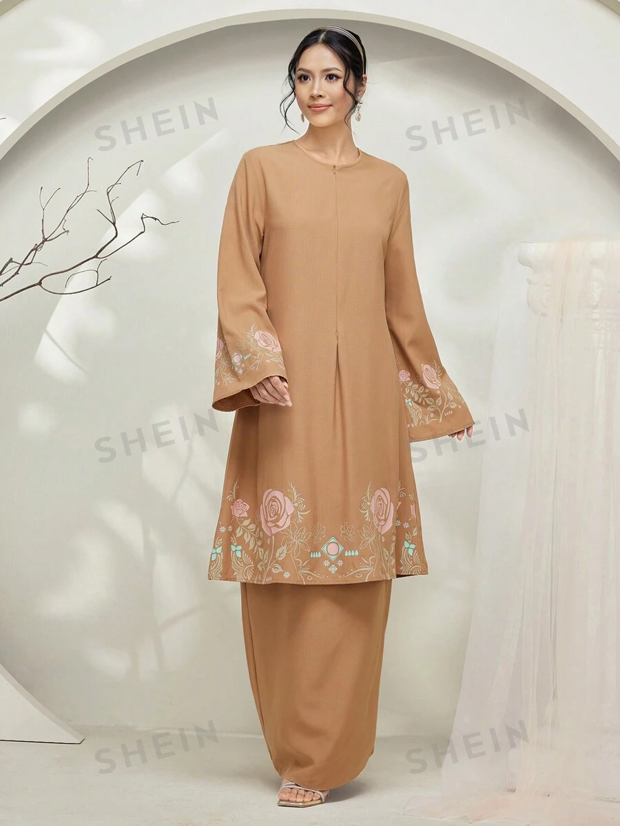 Veilorie Conjunto de 2 piezas Baju Kurung: Blusa de manga larga cuello redondo extra larga y falda mini estampada modesta