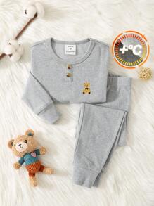 SHEIN Leap Crew 2 件套 男童紧身熊装饰补丁长袖上衣和裤子保暖弹力睡衣套装