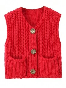 Women's Sleeveless Crochet Sweater Button Down Vintage Casual Streetwear Vest Tops With Pockets Cropped Knit Cardigan Fall Clothes - Red - View 4