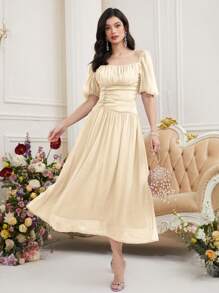 Modelyn Vestido de verano elegante para mujer con cuello cuadrado, de unicolor y arrugas en el busto - Albaricoque - Ver 5