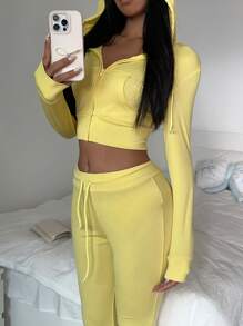 INAWLY 2pcs Women Set: Solid Color Hoodie & Wide Leg Pants Fall Cloth For Women - Yellow - View 3